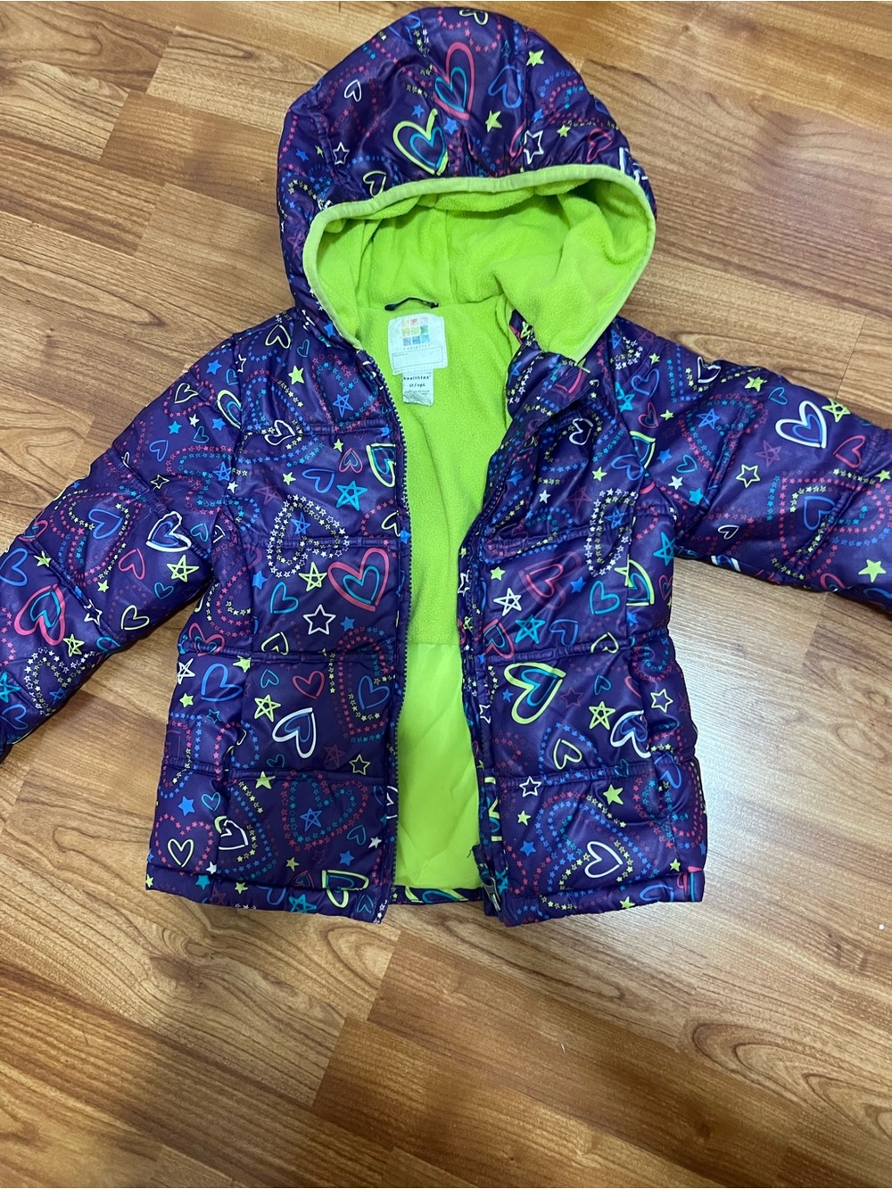 Girl's Healthtex Size 4T Puffer Jacket w/ hearts overall Purple w/lime lining